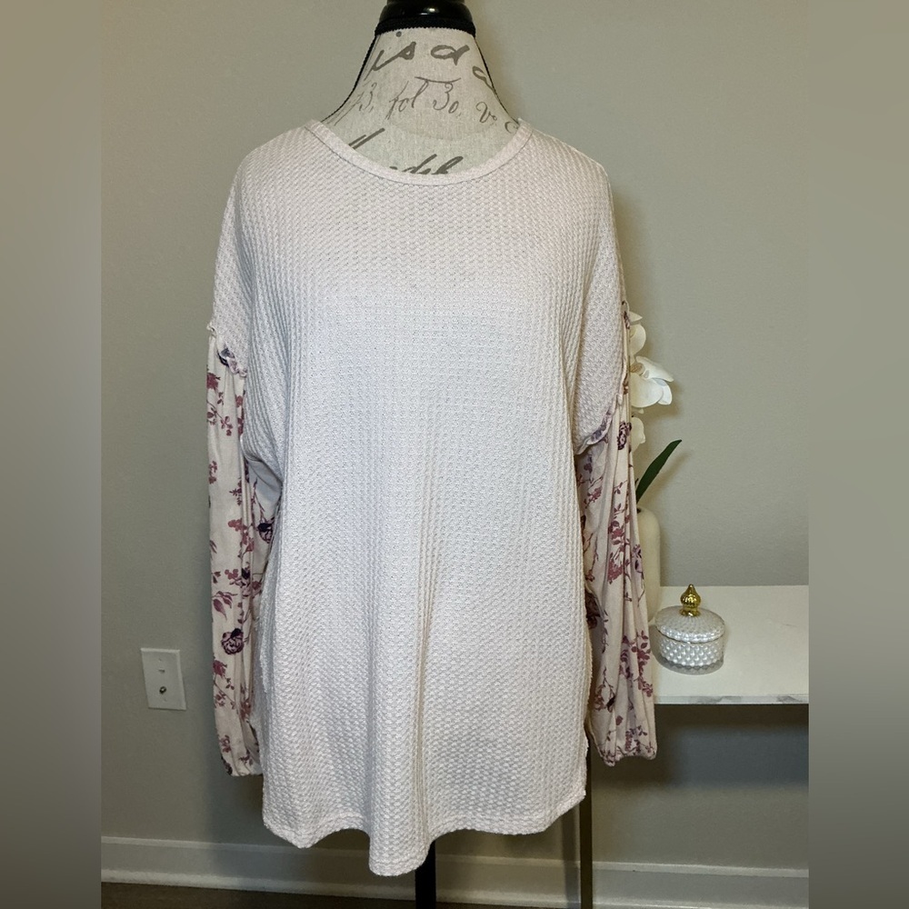 Cream Knit Top with Floral Sleeves